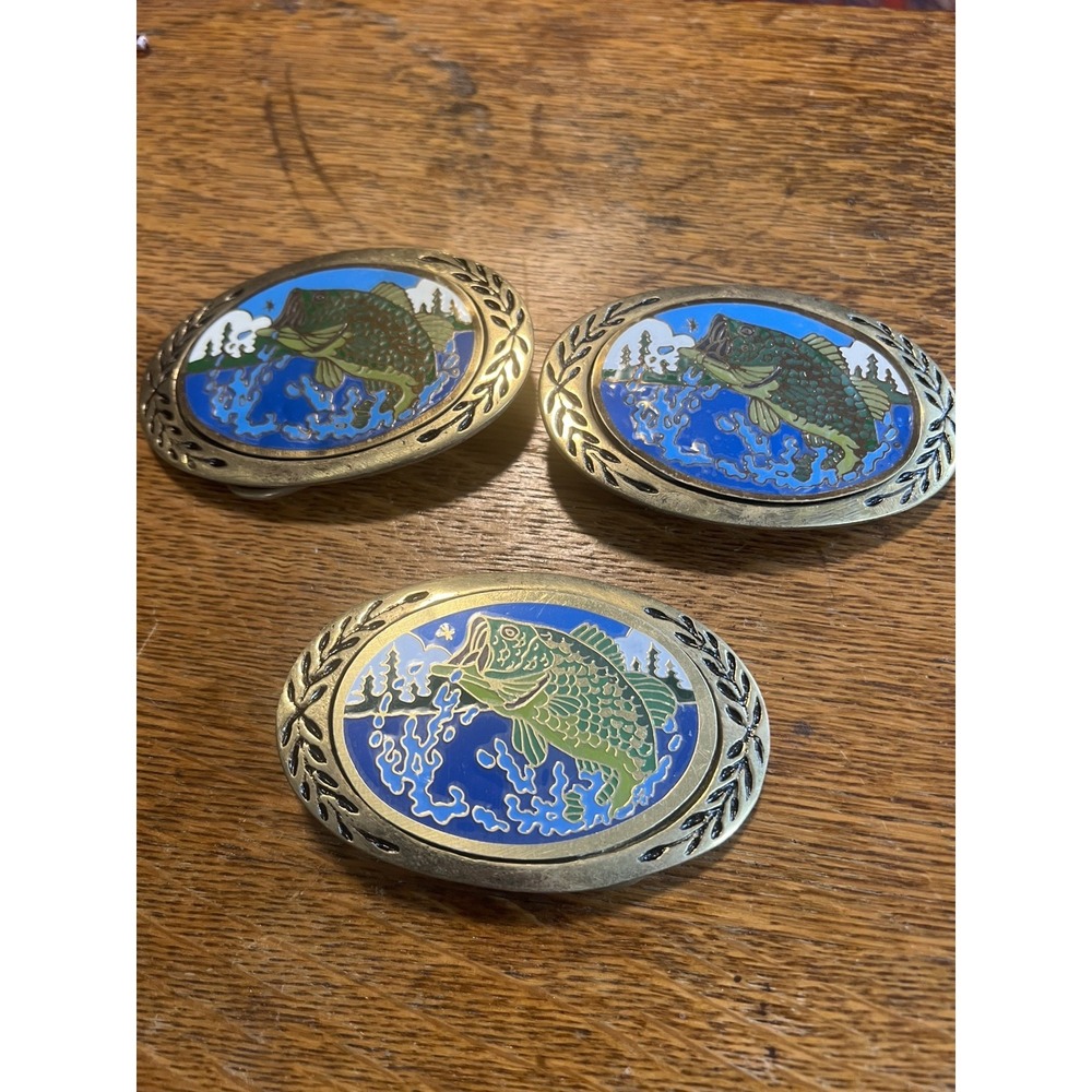 Vintage Aminco Brass Enamel Largemouth Bass Belt Buckle Lot of 3 1980s USA Made